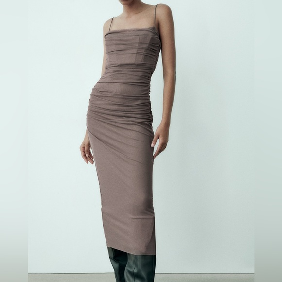 Zara NWT Tulle draped midi ruched spaghetti strap corset dress - Picture 3 of 8